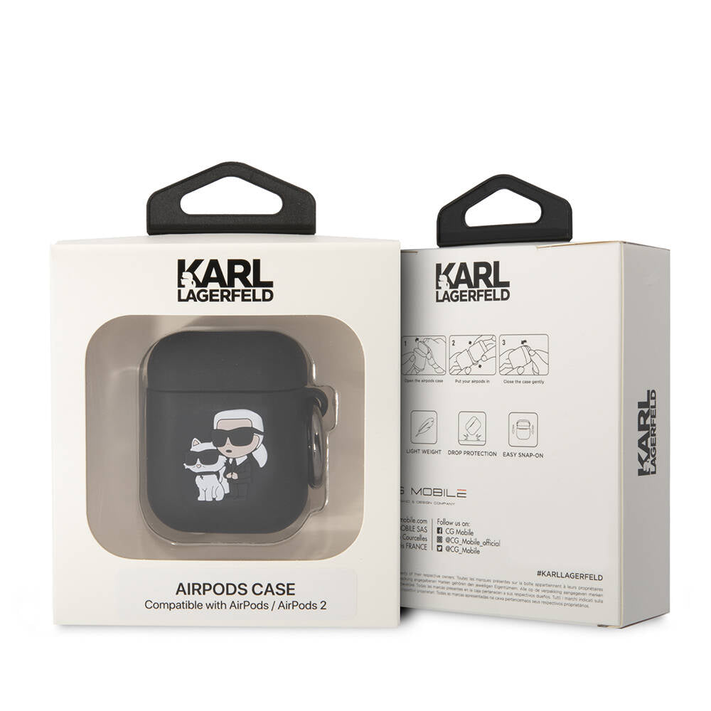 Apple Airpods Kılıf Karl Lagerfeld Orjinal Lisanslı Karl & Choupette 3D Silikon Kapak Siyah