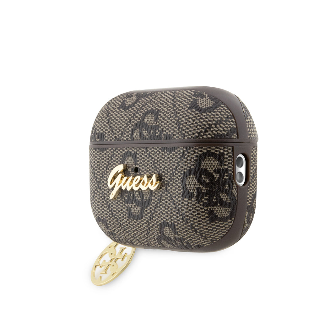 Apple Airpods Pro 2 Kılıf Guess Orjinal Lisanslı 4G Desenli Metal Script Logolu 4G Charm PU Deri Kapak Kahverengi
