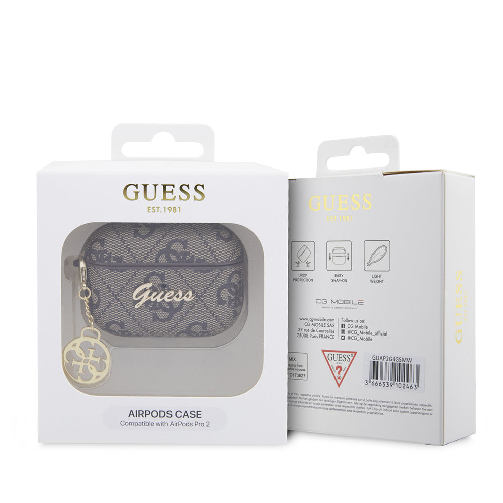 Apple Airpods Pro 2 Kılıf Guess Orjinal Lisanslı 4G Desenli Metal Script Logolu 4G Charm PU Deri Kapak Pembe
