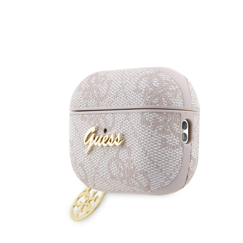 Apple Airpods Pro 2 Kılıf Guess Orjinal Lisanslı 4G Desenli Metal Script Logolu 4G Charm PU Deri Kapak Pembe