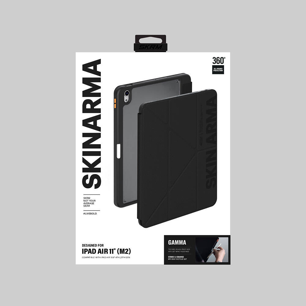 Apple iPad Air 11 2025 M3 Kılıf SkinArma Kabartma Baskı Tasarımlı 360 Tam Koruma Arkası Şeffaf Standlı Gamma Kılıf Siyah
