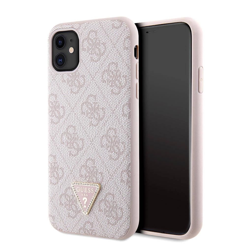 Apple iPhone 11 Kılıf Guess Orjinal Lisanslı PU Deri Taşlı Üçgen Logo 4G Desenli Kapak Pembe