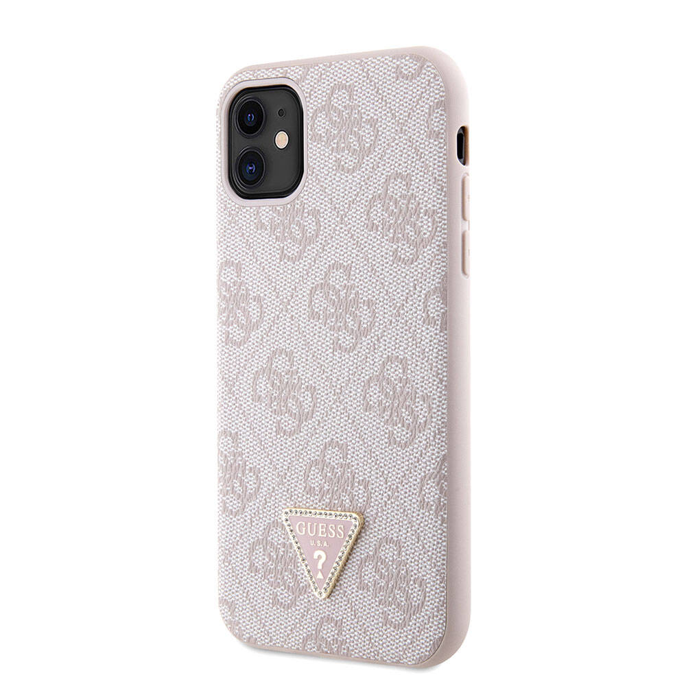 Apple iPhone 11 Kılıf Guess Orjinal Lisanslı PU Deri Taşlı Üçgen Logo 4G Desenli Kapak Pembe