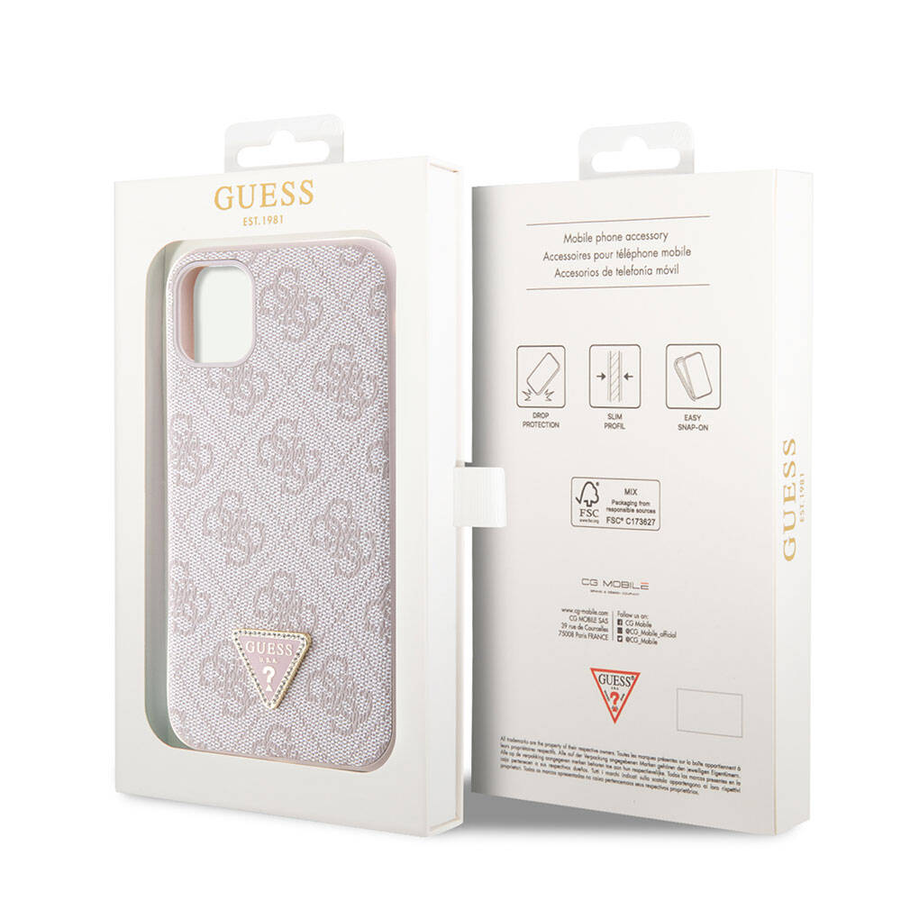 Apple iPhone 11 Kılıf Guess Orjinal Lisanslı PU Deri Taşlı Üçgen Logo 4G Desenli Kapak Pembe