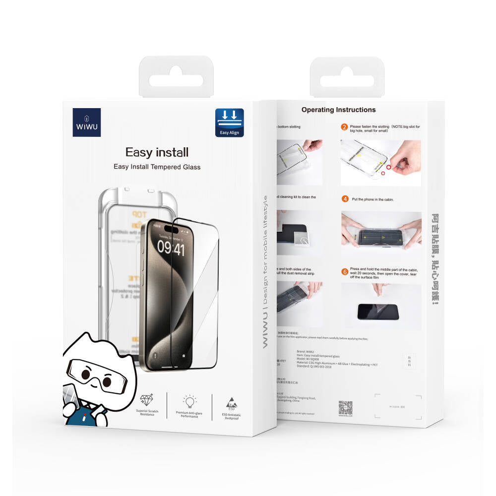 Apple iPhone 12 Wiwu SQ-008 Oleofobik Easy Install Darbeye Karşı Dayanıklı Temperli Cam Ekran Koruyucu + Kolay Uygulama Aparatlı Siyah
