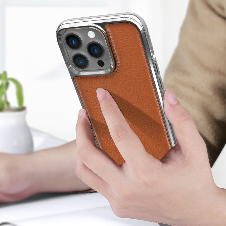 Apple iPhone 13 Mini Kılıf Wiwu Genuine Leather Silver Calfskin Orjinal Deri Kapak Kahverengi