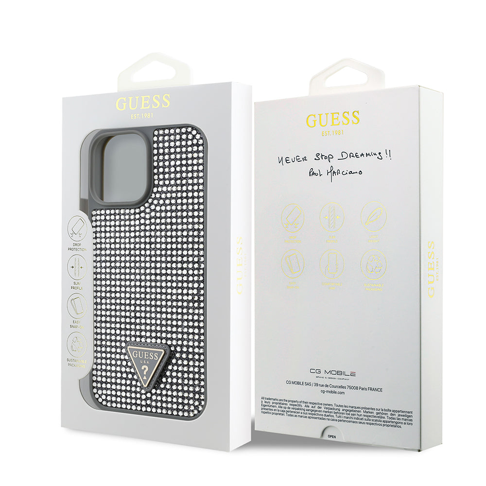 Apple iPhone 13 Pro Max Kılıf Guess Orjinal Lisanslı Taşlı Arka Yüzey Üçgen Logolu Kapak Pembe