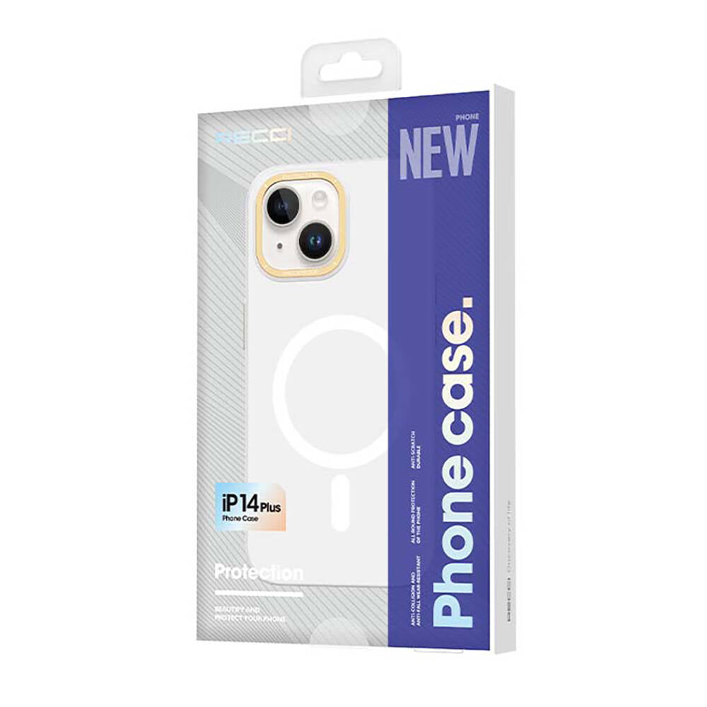 Apple iPhone 14 Plus Kılıf Magsafe Şarj Özellikli Metal Kamera Çerçeveli Recci Glaze Serisi Kapak Beyaz