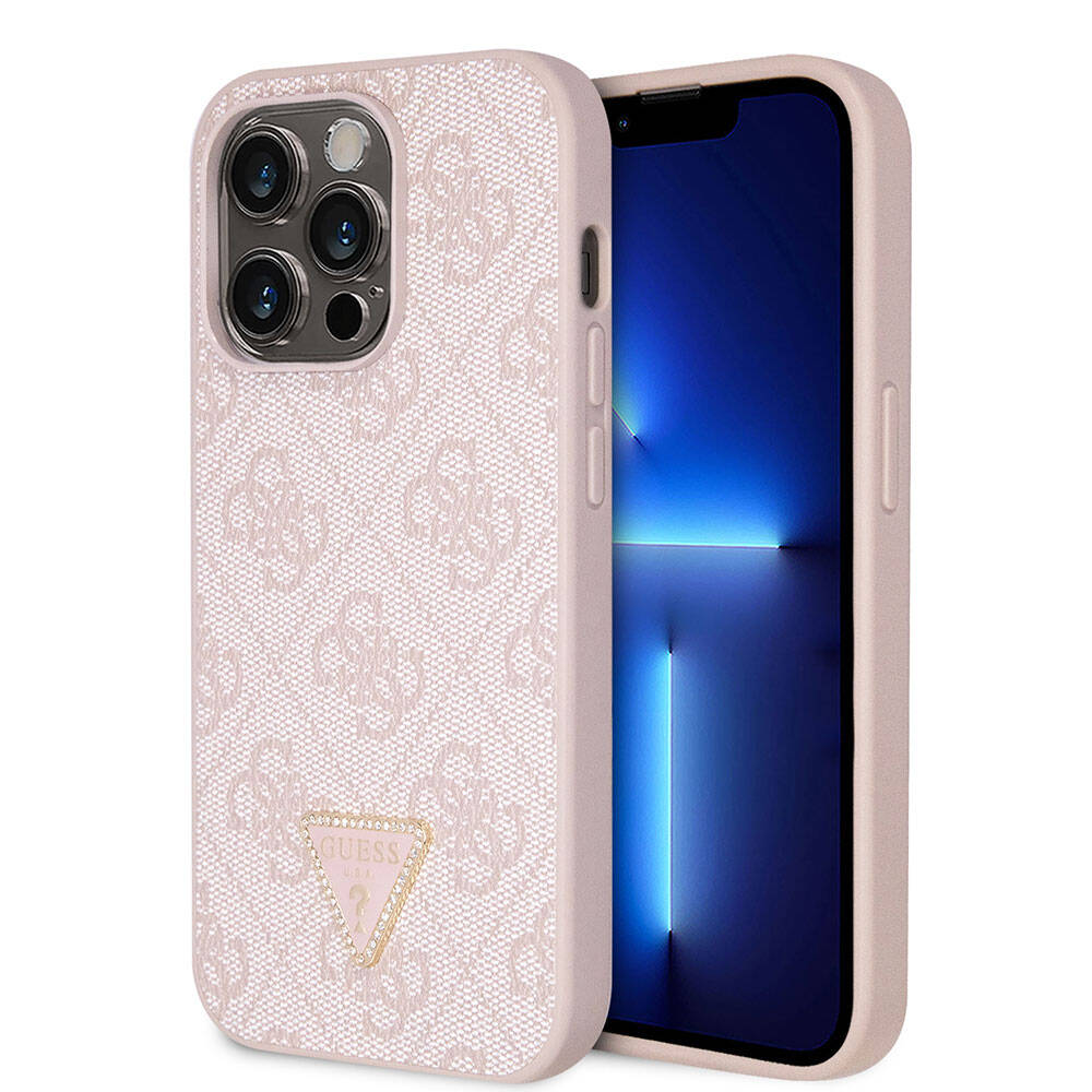Apple iPhone 14 Pro Kılıf Guess Orjinal Lisanslı PU Deri Taşlı Üçgen Logo 4G Desenli Kapak Pembe