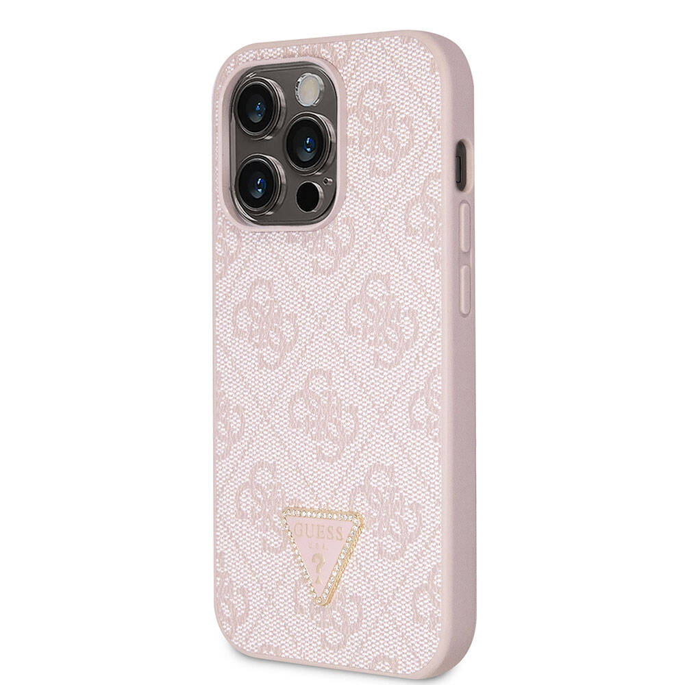 Apple iPhone 14 Pro Kılıf Guess Orjinal Lisanslı PU Deri Taşlı Üçgen Logo 4G Desenli Kapak Pembe