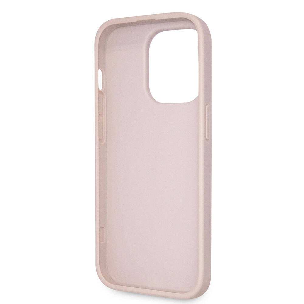 Apple iPhone 14 Pro Kılıf Guess Orjinal Lisanslı PU Deri Taşlı Üçgen Logo 4G Desenli Kapak Pembe