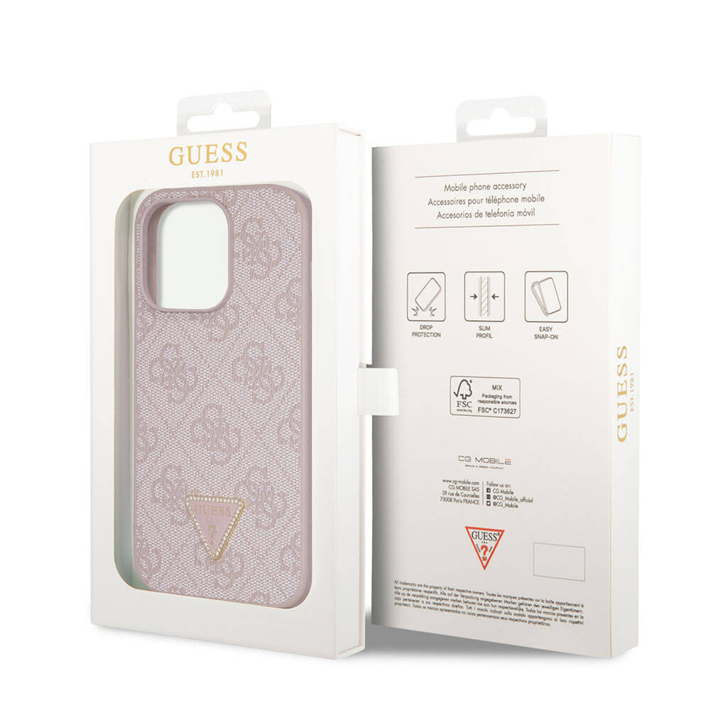 Apple iPhone 14 Pro Kılıf Guess Orjinal Lisanslı PU Deri Taşlı Üçgen Logo 4G Desenli Kapak Pembe