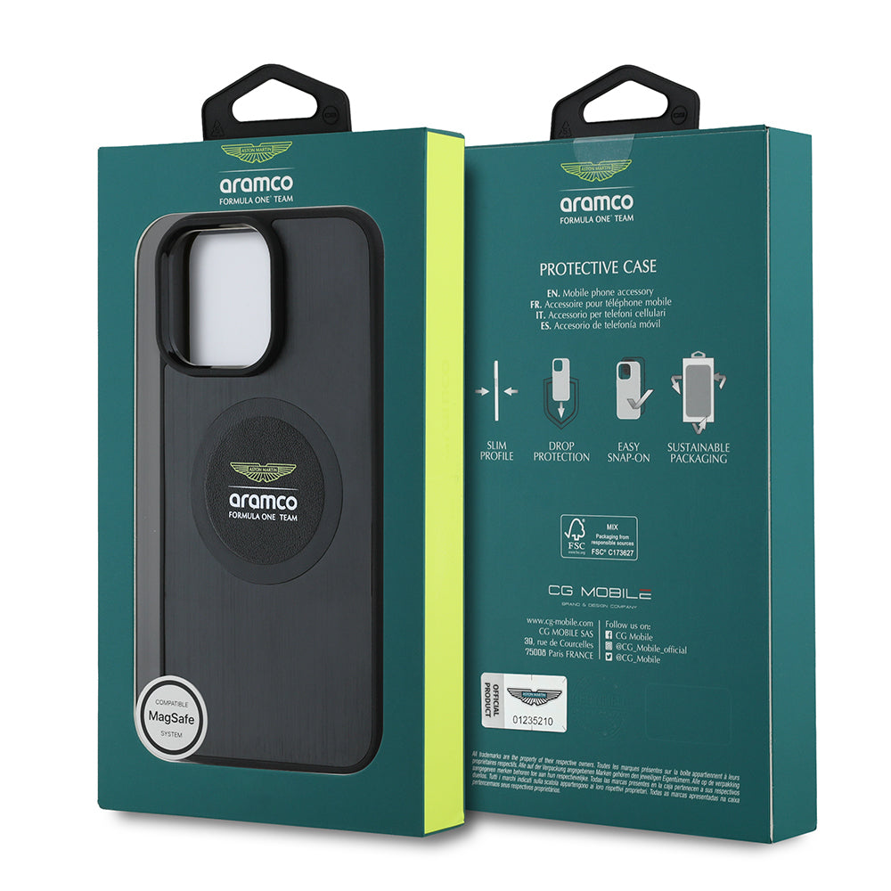 Apple iPhone 14 Pro Max Kılıf Aston Martin Orjinal Lisanslı M-safe Şarj Özellikli Aluminyum Arka Yüzeyli Formula One Team Baskılı Kapak Siyah