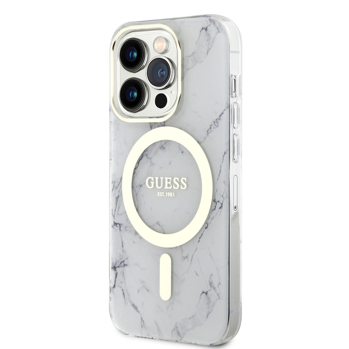 Apple iPhone 14 Pro Max Kılıf GUESS Magsafe Şarj Özellikli Mermer Desenli Kapak Beyaz