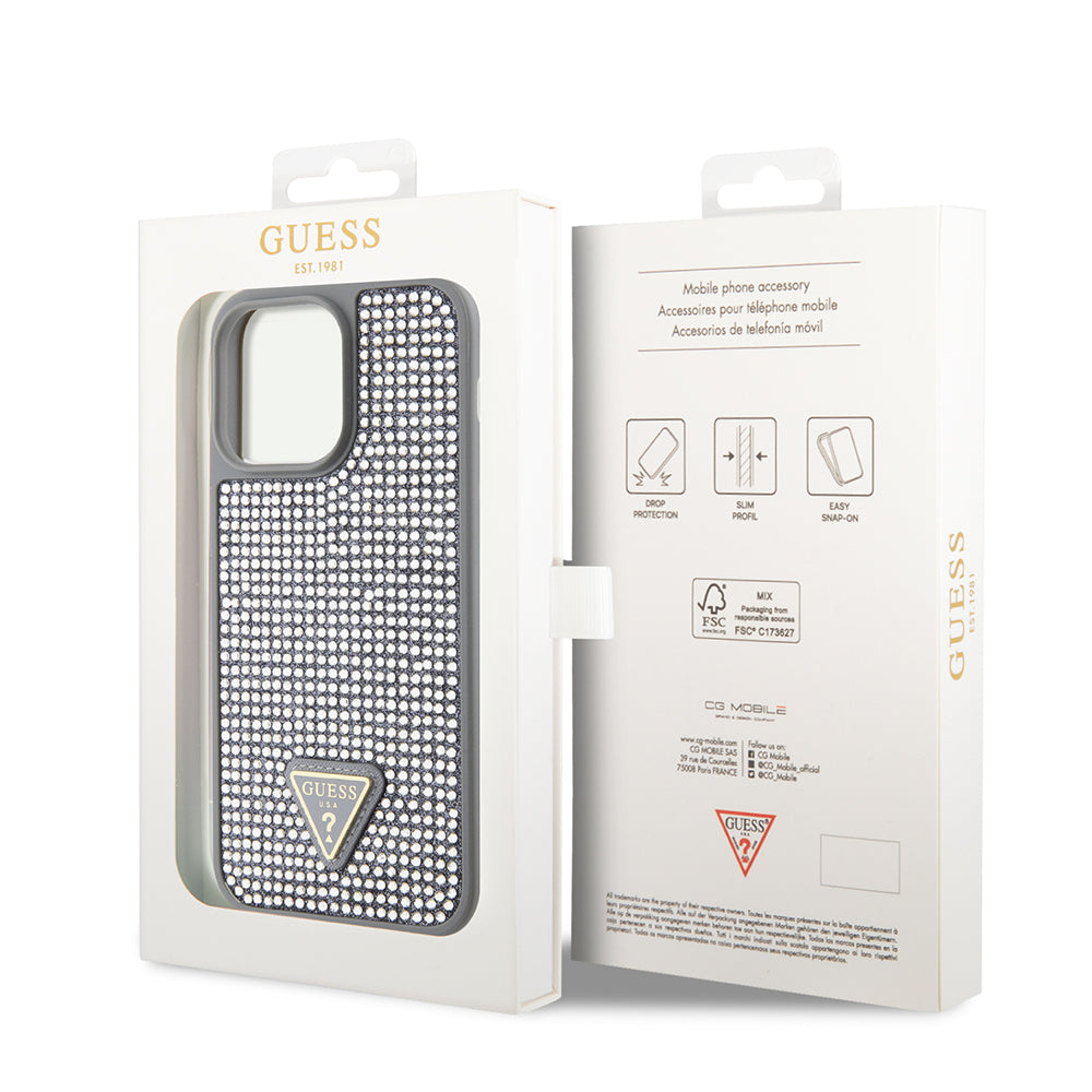 Apple iPhone 14 Pro Max Kılıf Guess Orjinal Lisanslı Taşlı Arka Yüzey Üçgen Logolu Kapak Gümüş