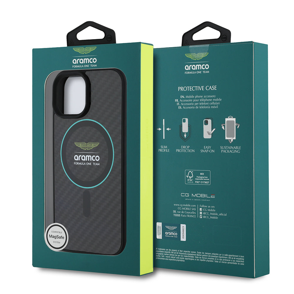 Apple iPhone 15 Kılıf Aston Martin Orjinal Lisanslı M-safe Şarj Özellikli Renkli Halka ve Karbon Fiber Tasarımlı Kapak Siyah-Yeşil