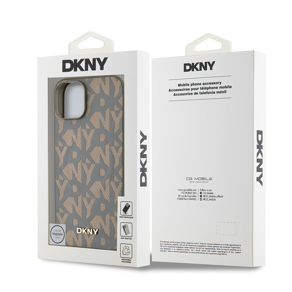 Apple iPhone 15 Kılıf DKNY Orjinal Lisanslı M-safe Şarj Özellikli 3D Yazılı Grid Pattern Kapak Kahverengi
