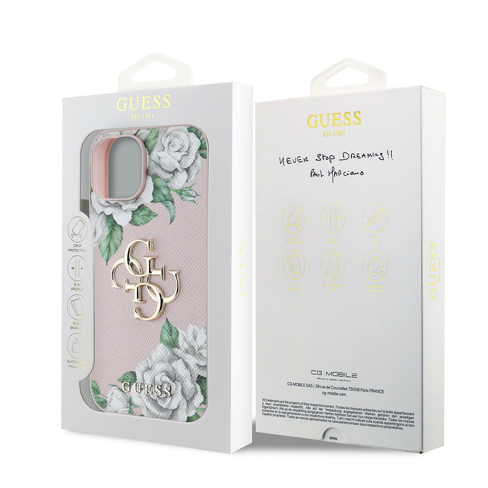 Apple iPhone 15 Kılıf Guess Orjinal Lisanslı Gül Baskılı Büyük Metal Logo Dizaynlı Kapak Pembe