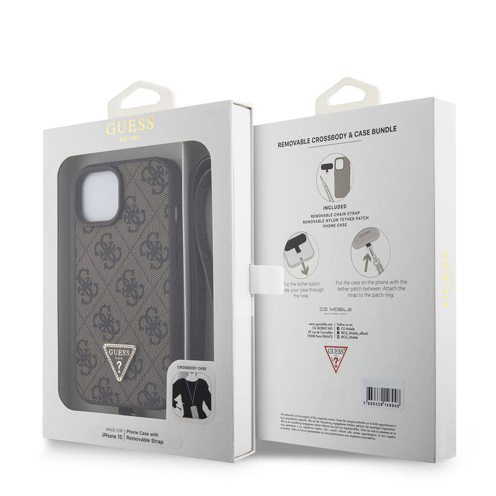 Apple iPhone 15 Kılıf Guess Orjinal Lisanslı PU Deri Askılı Taşlı Üçgen Logo 4G Desenli Strass Crossbody Kapak Kahverengi