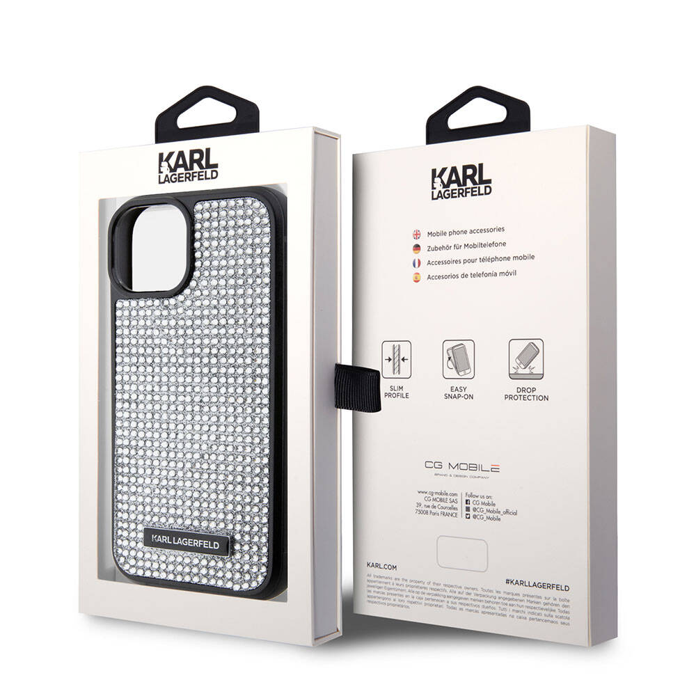 Apple iPhone 15 Plus Kılıf Karl Lagerfeld Taşlı Metal Logo Orjinal Lisanslı Kapak Gümüş