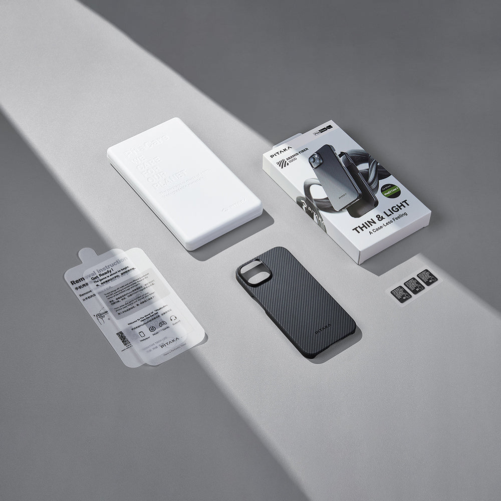 Apple iPhone 15 Plus Kılıf Magsafe Şarj Özellikli 600D Aramid Fiber Pitaka Ultra-Slim Classic Serisi Black-Grey Twill Kapak Siyah-Gri