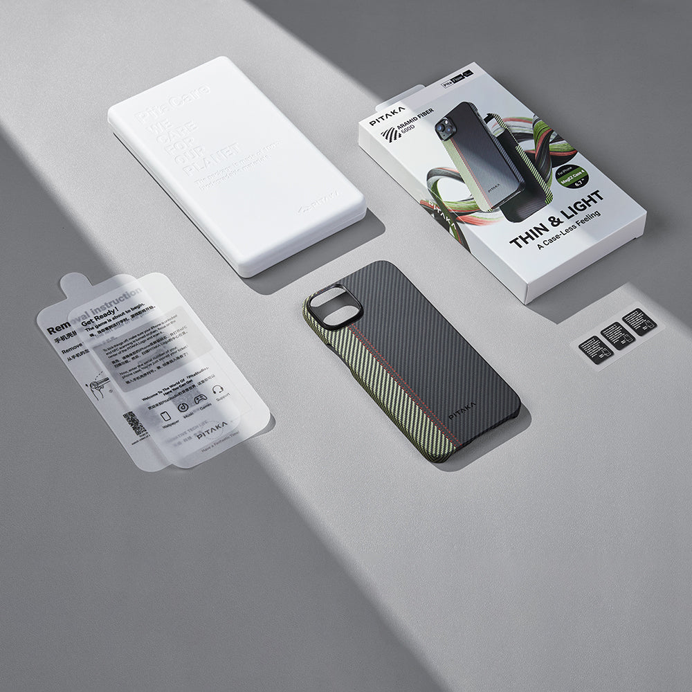 Apple iPhone 15 Plus Kılıf Magsafe Şarj Özellikli 600D Aramid Fiber Pitaka Tactile Woven Orchestra Serisi Overture Kapak Siyah-Yeşil