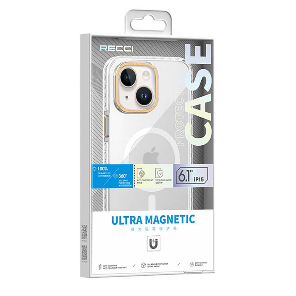 Apple iPhone 15 Plus Kılıf Magsafe Şarj Özellikli Cam Arka Yüzey Recci Michelin Serisi Kapak Beyaz