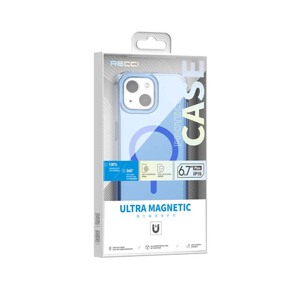 Apple iPhone 15 Plus Kılıf Magsafe Şarj Özellikli Saydam Arka Yüzey Recci Crystal Color Serisi Kapak Mavi