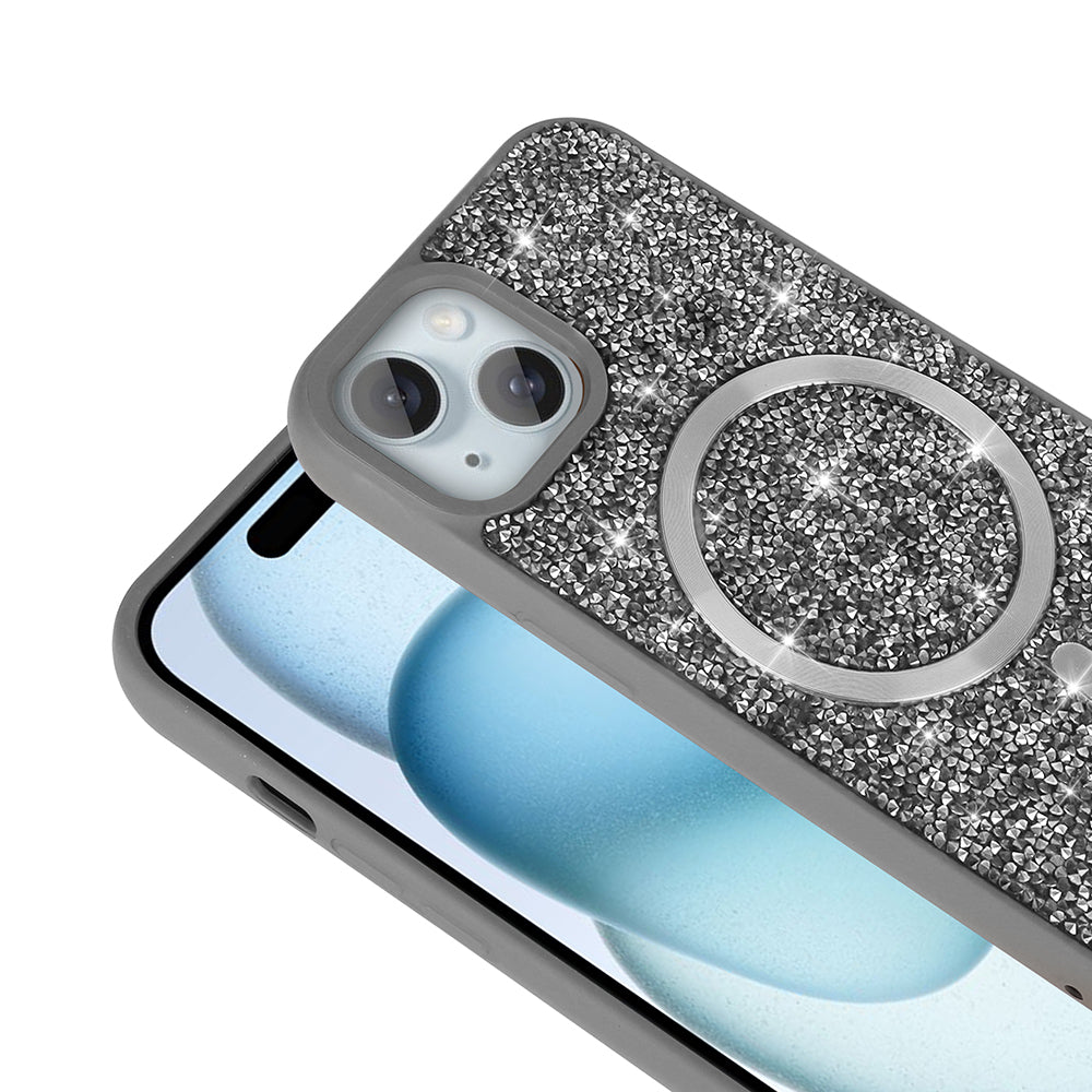 Apple iPhone 15 Plus Kılıf Pırlanta Tasarımlı M-safe Şarj Özellikli Zore Mozaik Silikon Kapak Desert Titanyum