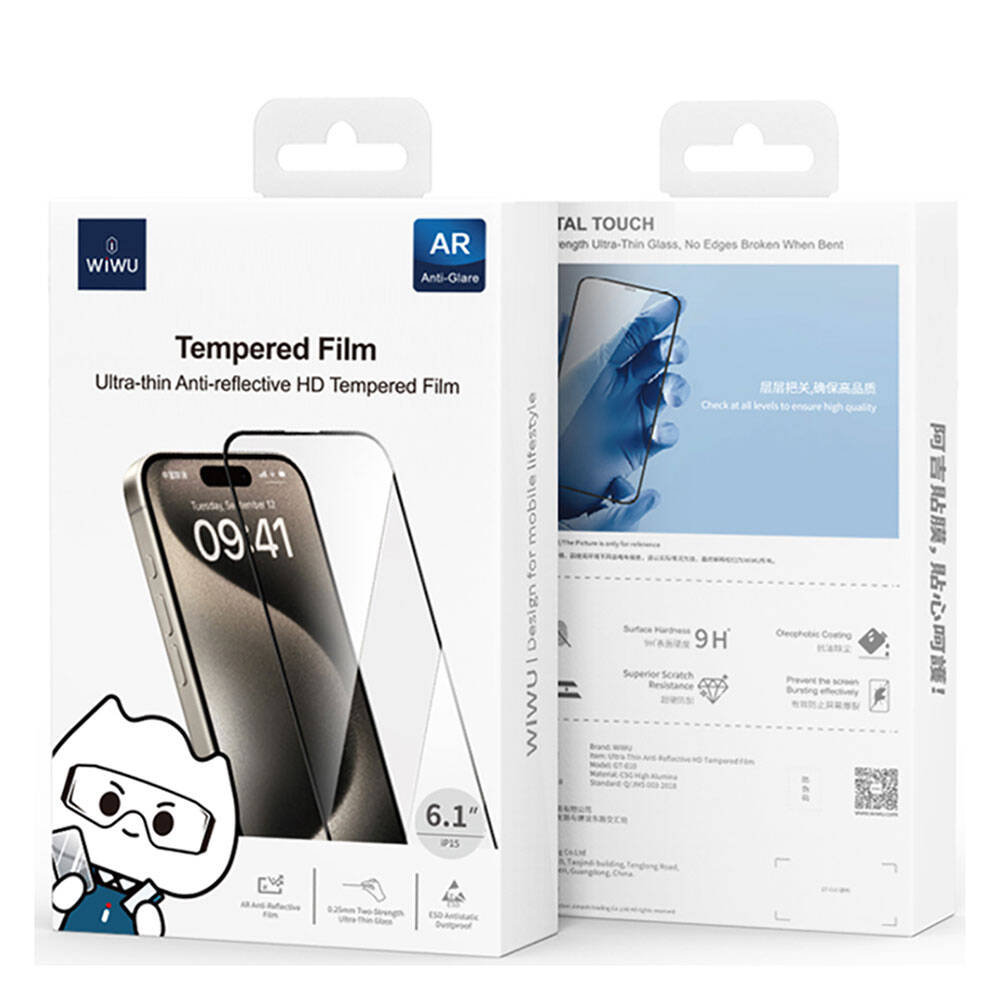 Apple iPhone 15 Plus Wiwu GT-010 Anti-Reflective Polimer Oleofobik Kaplama Ultra İnce Temperli Cam Ekran Koruyucu Siyah
