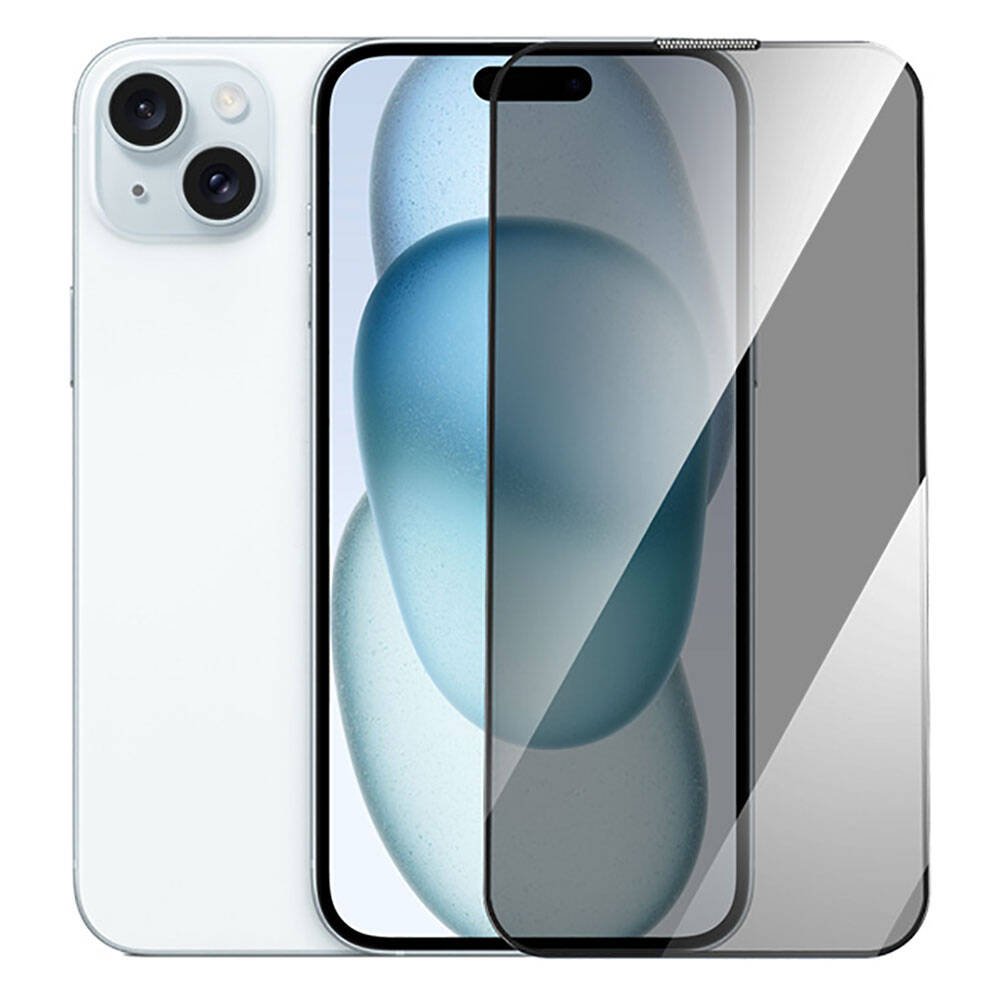 Apple iPhone 15 Plus Wiwu GT-011 Anti-Bakteriyel Özellikli Polimer Oleofobik Kaplama Temperli Privacy Cam Ekran Koruyucu Siyah