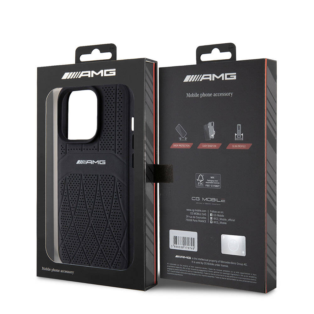 Apple iPhone 15 Pro Kılıf AMG Orjinal Lisanslı Magsafe Şarj Özellikli Delikli Deri Kıvrımlı Çizgili Kapak Siyah