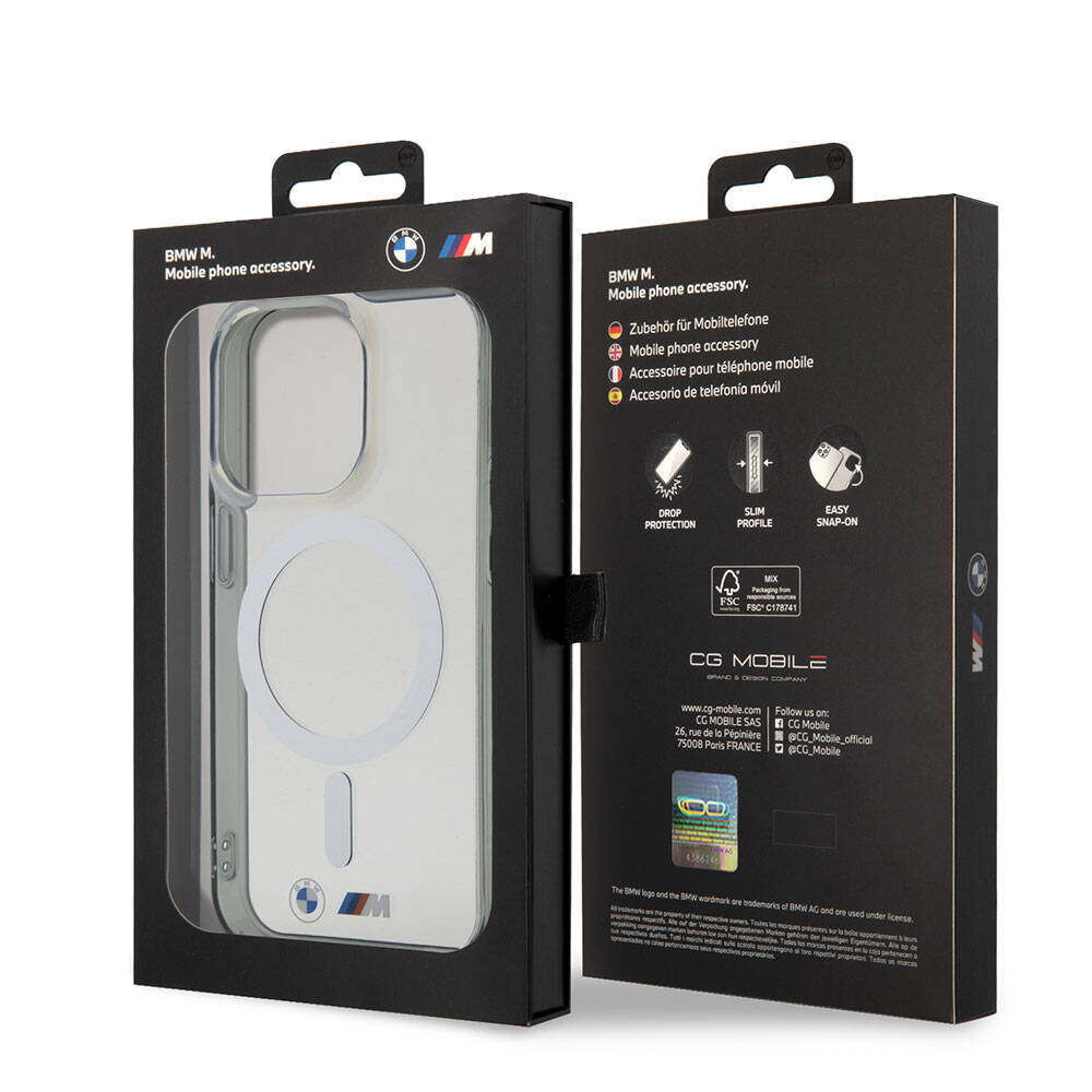 Apple iPhone 15 Pro Kılıf BMW Magsafe Şarj Özellikli Transparan Silver Ring Orjinal Lisanslı Kapak Renksiz