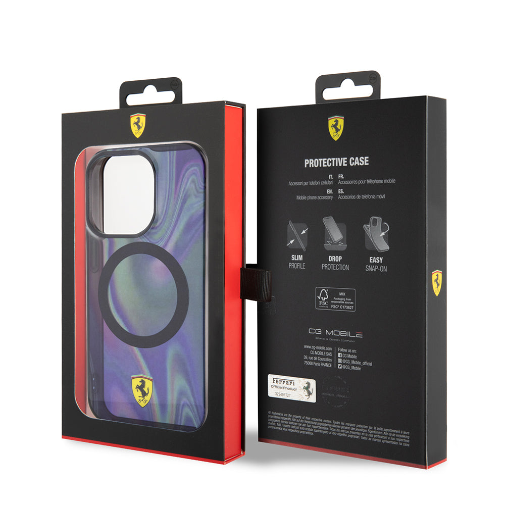 Apple iPhone 15 Pro Kılıf Ferrari Orjinal Lisanslı Magsafe Şarj Özellikli Transparan Renk Geçişli Iridescent Kapak Siyah