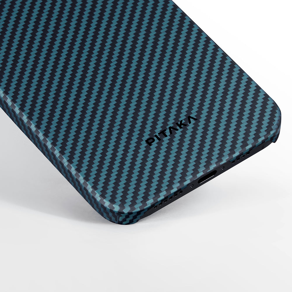 Apple iPhone 15 Pro Kılıf Magsafe Şarj Özellikli 1500D Aramid Fiber Pitaka Ultra-Slim Classic Serisi Black-Blue Twill Kapak Siyah-Mavi