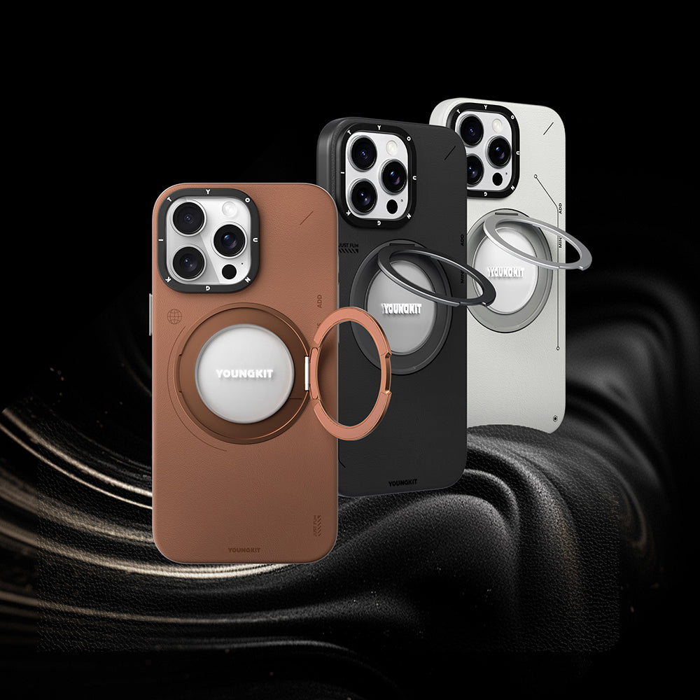 Apple iPhone 15 Pro Kılıf Magsafe Şarj Özellikli 360° Standlı Basit Mat Deri Desenli Youngkit Tech Leather Serisi Kapak Siyah