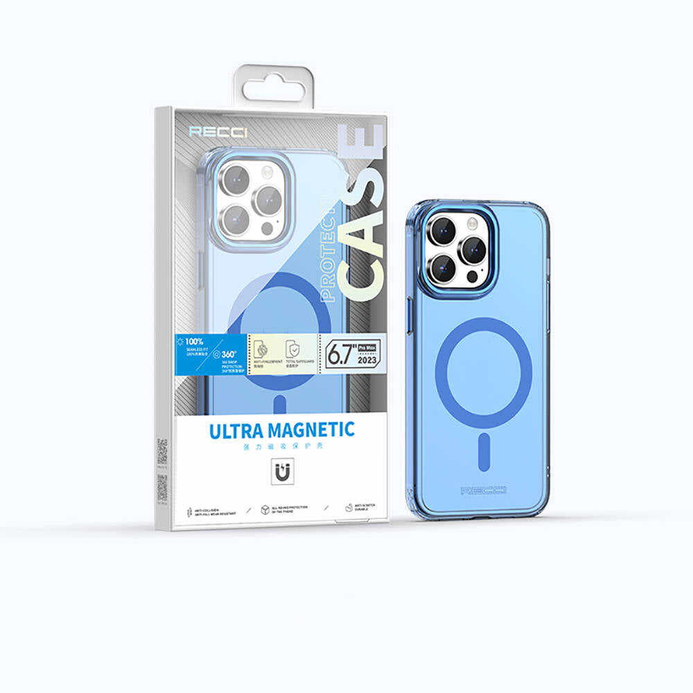 Apple iPhone 15 Pro Kılıf Magsafe Şarj Özellikli Saydam Arka Yüzey Recci Crystal Color Serisi Kapak Mavi