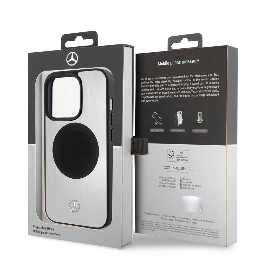 Apple iPhone 15 Pro Kılıf Mercedes Benz Orjinal Lisanslı Magsafe Şarj Özellikli Alüminyum Arka Yüzey Metal Yıldız Logolu Kapak Gümüş