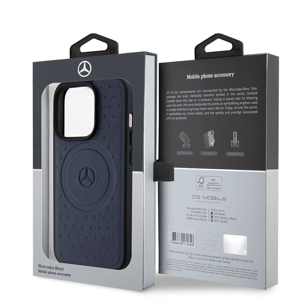 Apple iPhone 15 Pro Kılıf Mercedes Benz Orjinal Lisanslı Magsafe Şarj Özellikli Mühürlü Yıldız Desenli ve Logolu Deri Kapak Lacivert