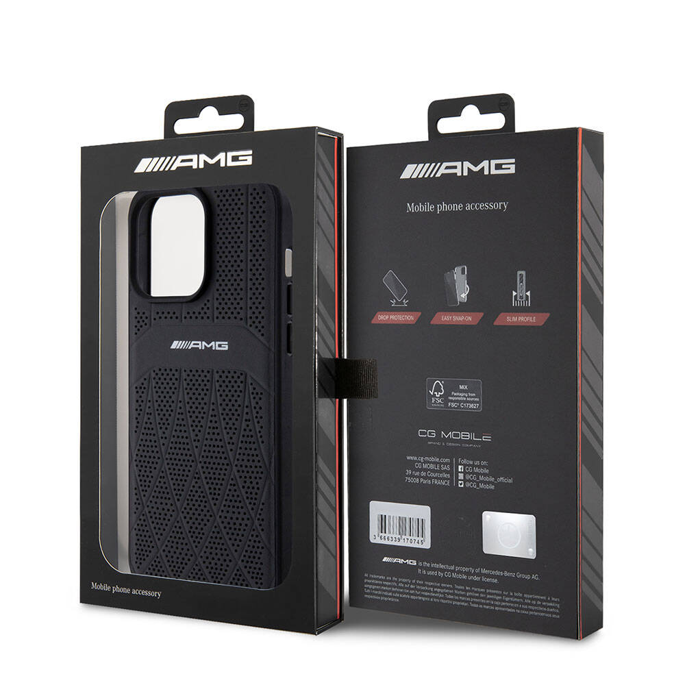 Apple iPhone 15 Pro Max Kılıf AMG Orjinal Lisanslı Magsafe Şarj Özellikli Delikli Deri Kıvrımlı Çizgili Kapak Siyah