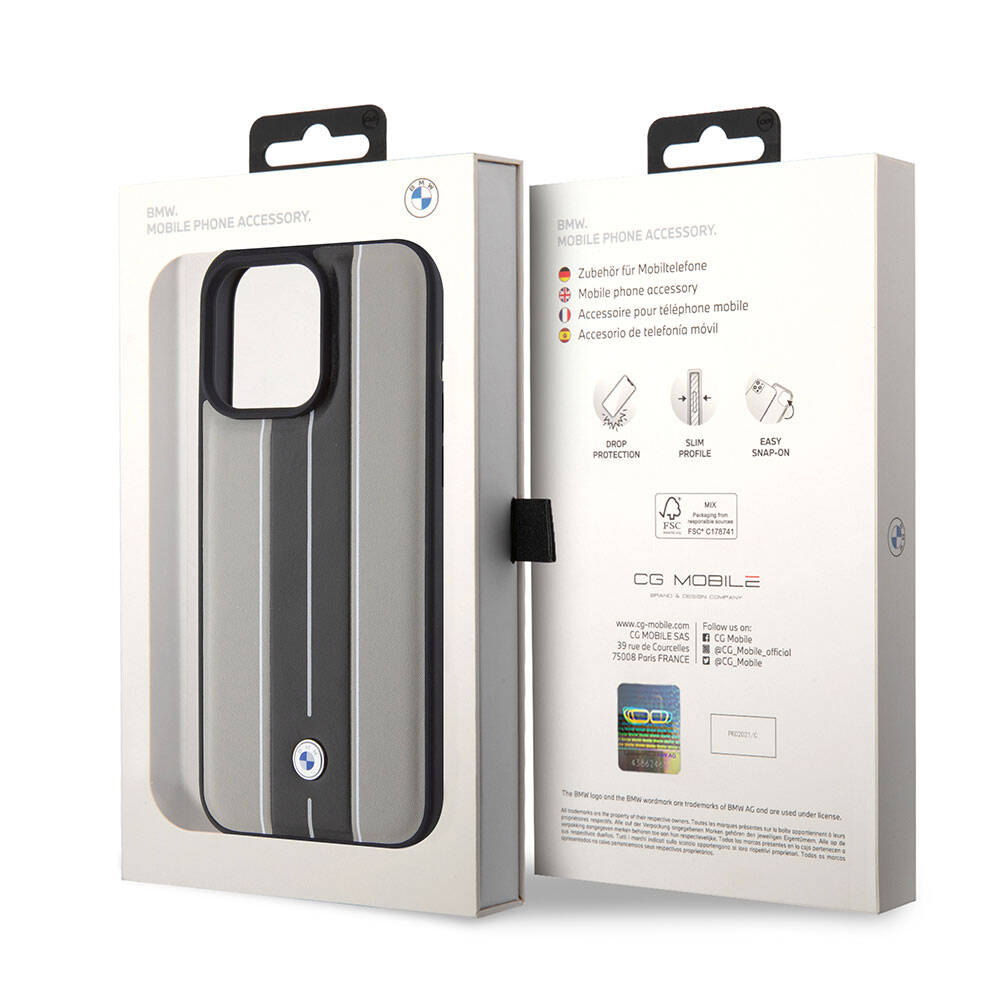 Apple iPhone 15 Pro Kılıf BMW Orjinal Lisanslı Deri Arka Yüzey Metal Logolu Çift Şerit Tasarımlı Kapak Krem