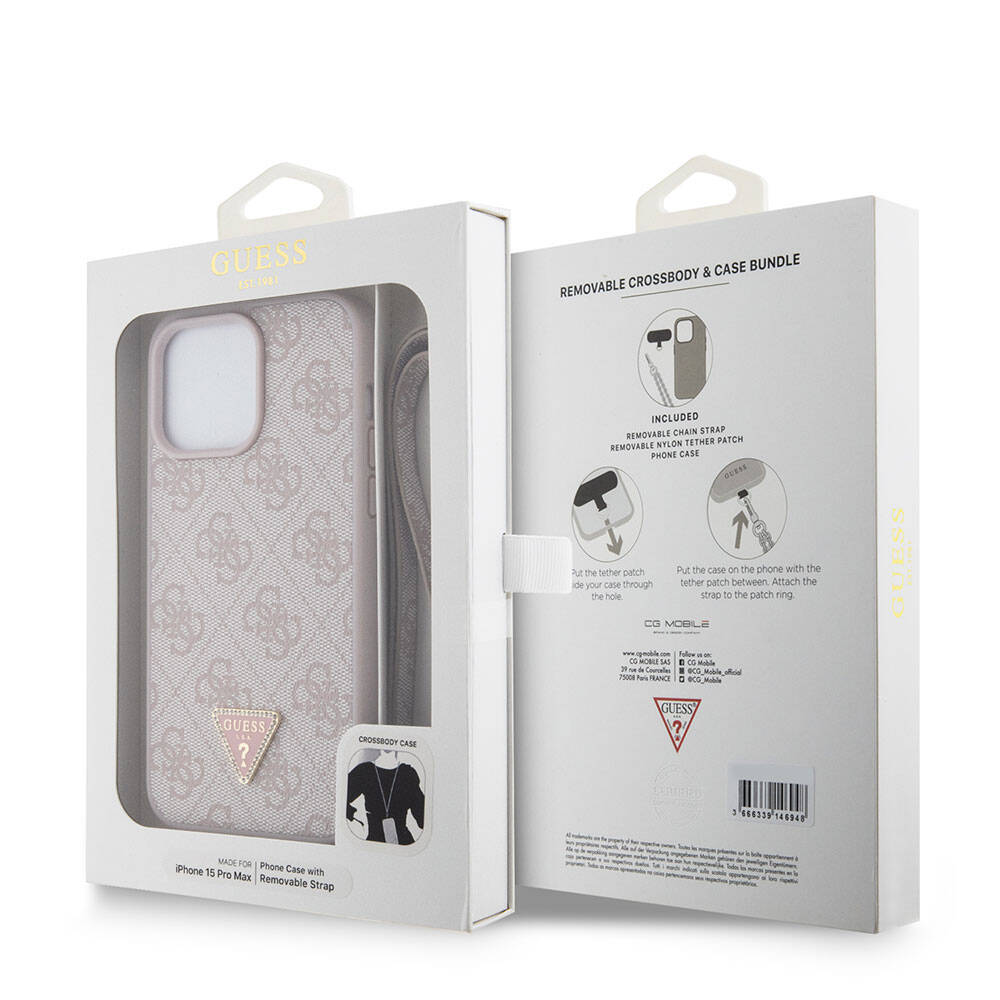 Apple iPhone 15 Pro Max Kılıf Guess Orjinal Lisanslı PU Deri Askılı Taşlı Üçgen Logo 4G Desenli Strass Crossbody Kapak Siyah