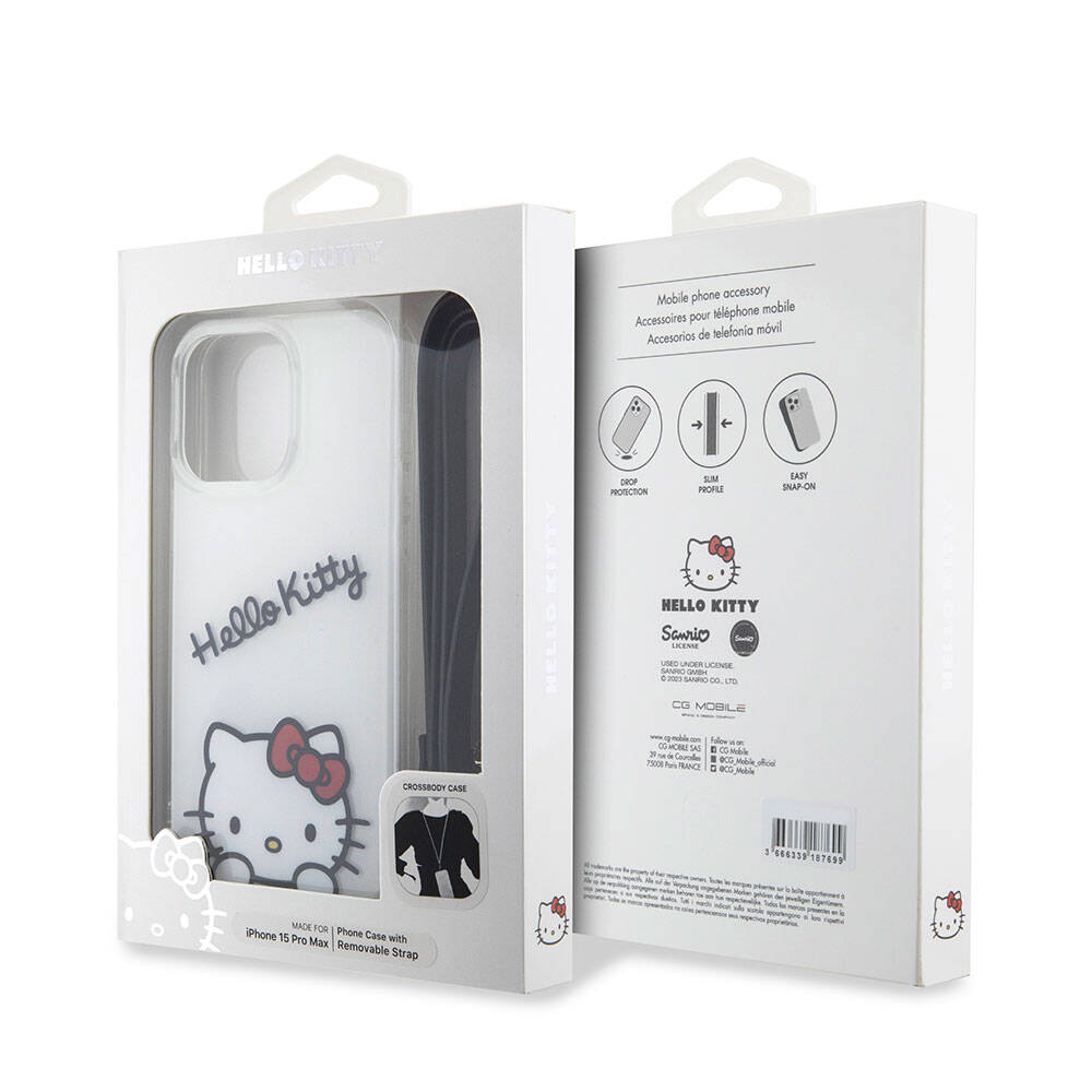 Apple iPhone 15 Pro Max Kılıf Hello Kitty Orjinal Lisanslı Askılı Yazı ve İkonik Logolu Daydreaming Kapak Beyaz