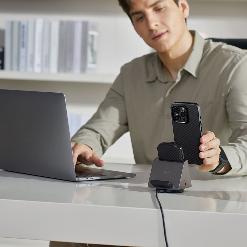 Apple iPhone 15 Pro Max Kılıf Magsafe Şarj Özellikli 600D Aramid Fiber Pitaka Military-Grade Classic Serisi Black-Grey Twill Kapak Siyah-Gri