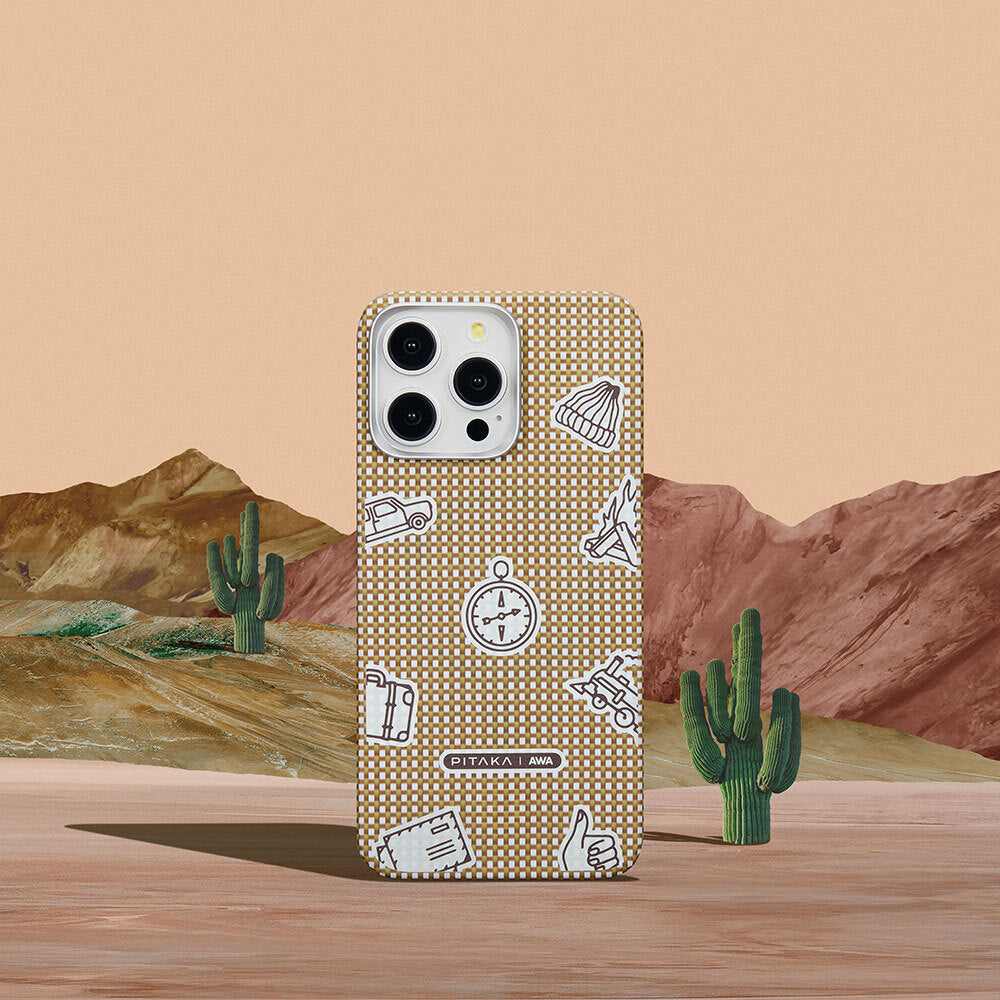 Apple iPhone 15 Pro Max Kılıf Magsafe Şarj Özellikli Awa Tasarımlı 1500D Aramid Fiber Pitaka Ultra-Slim Classic Serisi Canyon Kapak Sarı