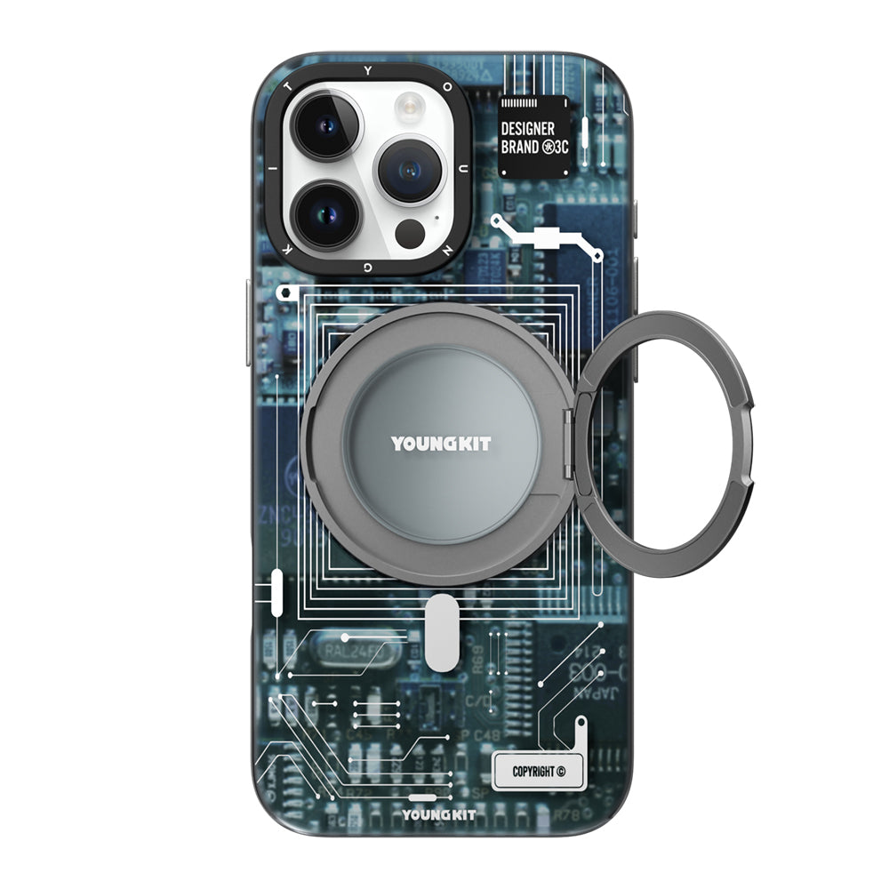 Apple iPhone 15 Pro Max Kılıf Magsafe Şarj Özellikli Youngkit 360° Standlı Technology Serisi Kapak Mavi