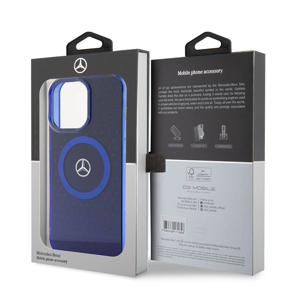Apple iPhone 15 Pro Max Kılıf Mercedes Benz Orjinal Lisanslı Magsafe Şarj Özellikli Çift Katmanlı Mavi Yıldız Desenli Kapak Mavi