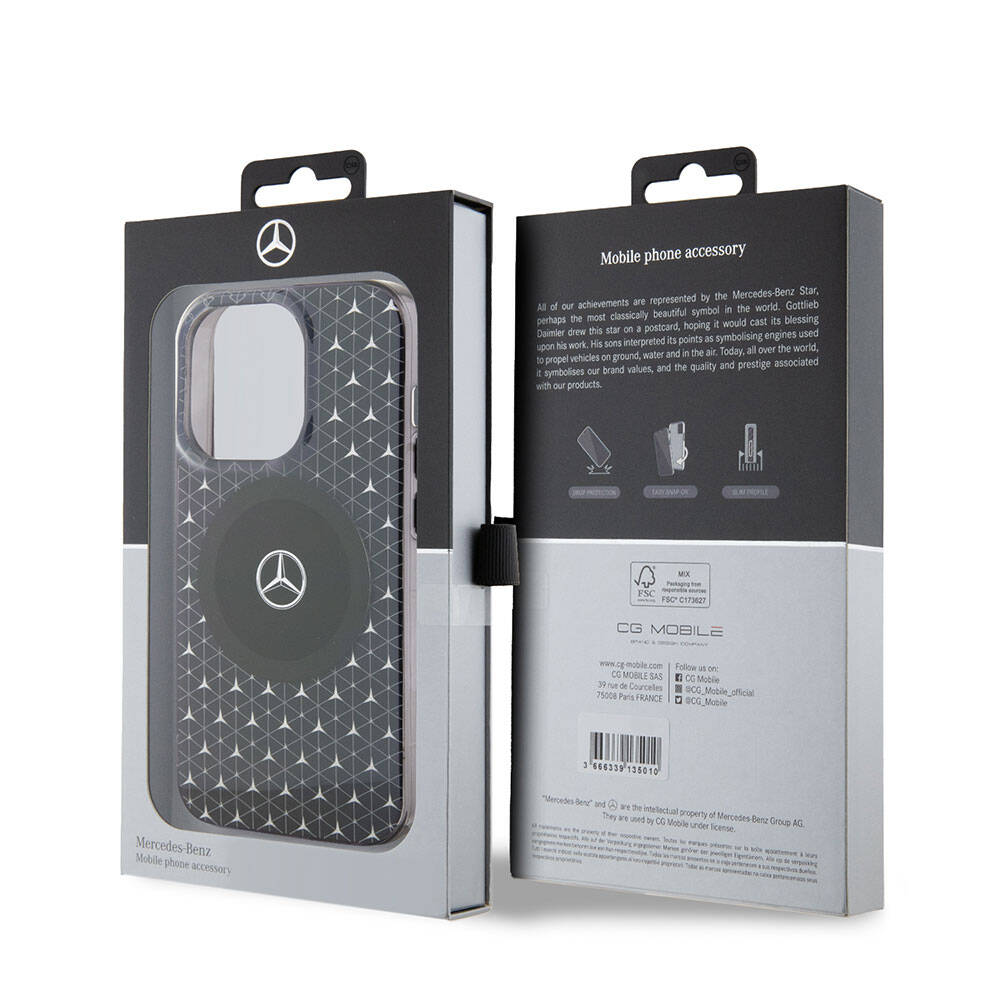 Apple iPhone 15 Pro Max Kılıf Mercedes Benz Orjinal Lisanslı Magsafe Şarj Özellikli Çift Katmanlı Mini Yıldız Desenli Kapak Siyah