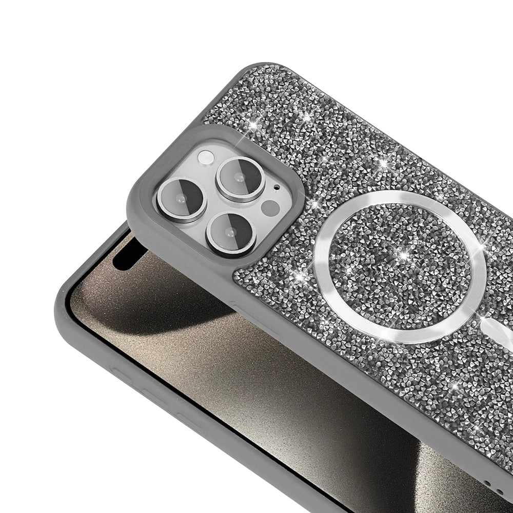 Apple iPhone 15 Pro Max Kılıf Pırlanta Tasarımlı M-safe Şarj Özellikli Zore Mozaik Silikon Kapak Desert Titanyum