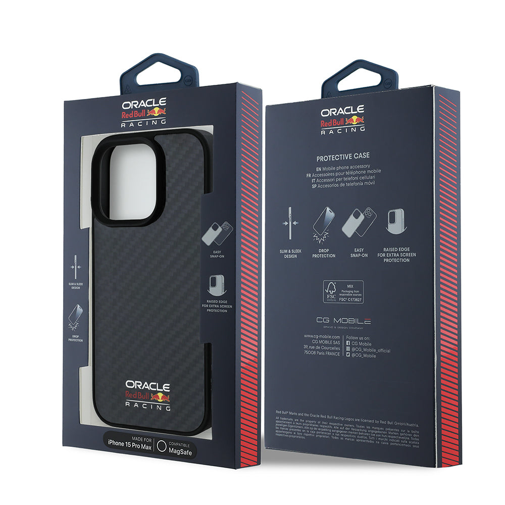 Apple iPhone 15 Pro Max Kılıf Redbull Orjinal Lisanslı M-safe Şarj Özellikli Karbon Fiber Tasarımlı Parlayan Logolu Kapak Siyah